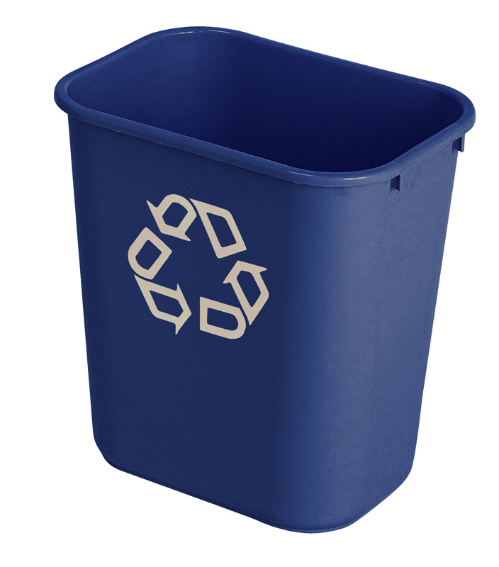 Rechthoekige afvalbak 26,6 liter, Rubbermaid - blauw, recyclingsymbool wit