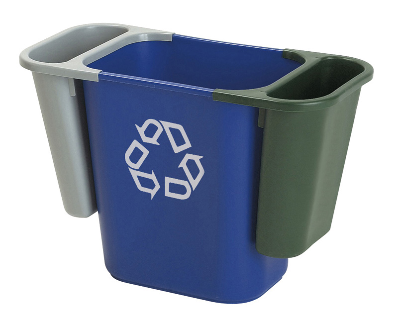 Rechthoekige afvalbak 26,6 liter, Rubbermaid - blauw, recyclingsymbool wit