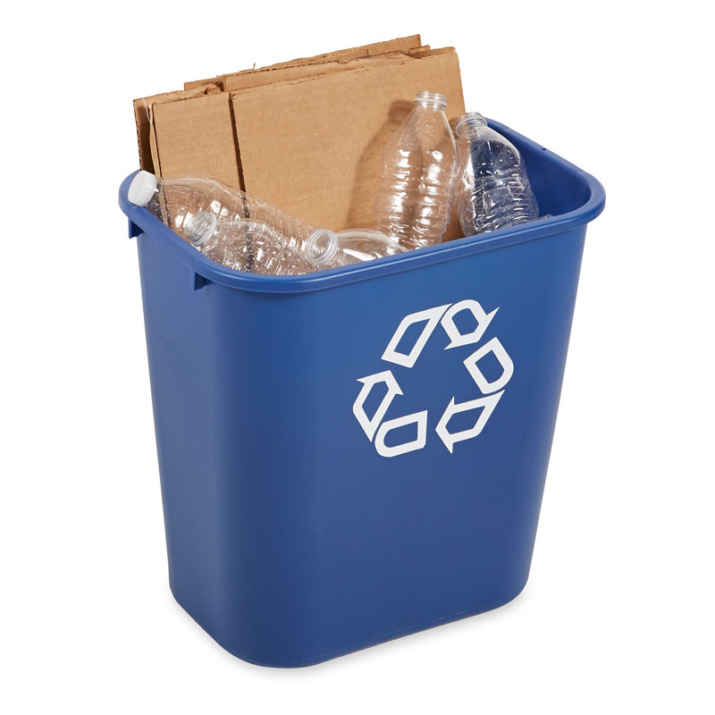 Rechthoekige afvalbak 26,6 liter, Rubbermaid - blauw, recyclingsymbool wit