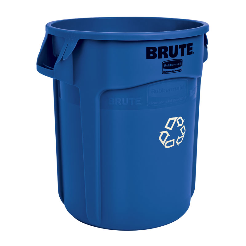 Ronde Brute container 75,7 liter, Rubbermaid - blauw, recyclingsymbool wit