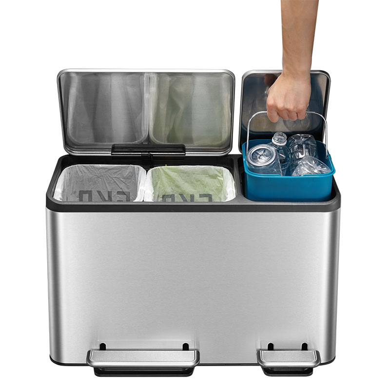 EcoCasa Recycler pedaalemmer 15+15+15 liter, EKO - mat rvs